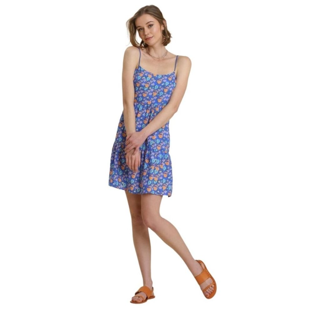 UMGEE Blue Floral Metallic Print Spaghetti Strap Mini Dress K5386